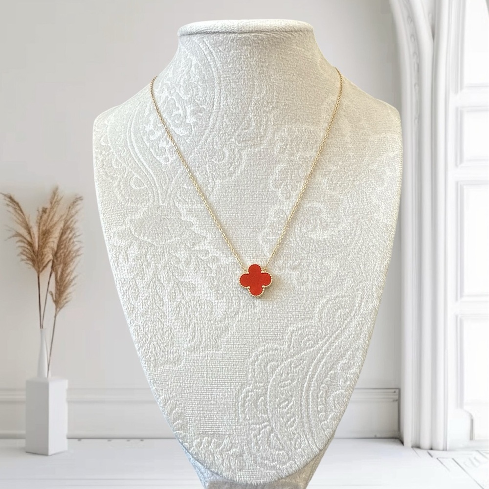 Red Clover Necklace 18k Gold Tone Double Sided